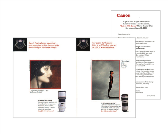 Cannon letter touts the savings while the brochure demonstrates how the lenses work. : Direct Mail : Eva Okada