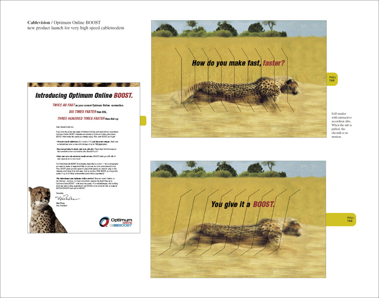 Cable: Interactive package dramatizing the speed of Optimum Online Boost by making the cheetah move when you pull the tab. : Direct Mail : Eva Okada