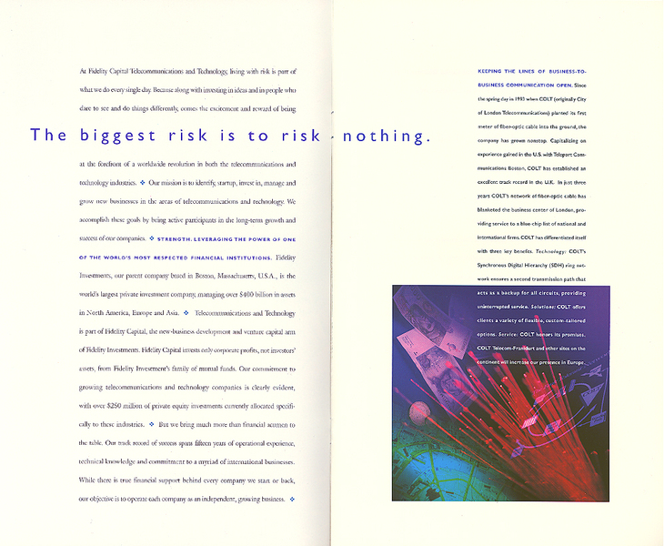 Inside spread touts Fidelity Capital's philosophy when targeting potential venture capital partners. : Telecom & Digital Media : Eva Okada